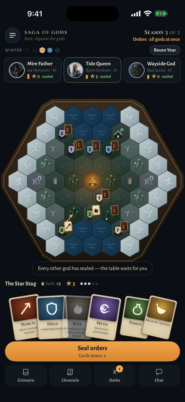 Der Spieltisch von Saga of Gods auf einem Handy: die Karte des Nordens, die anderen Götter und deine Befehlskarten