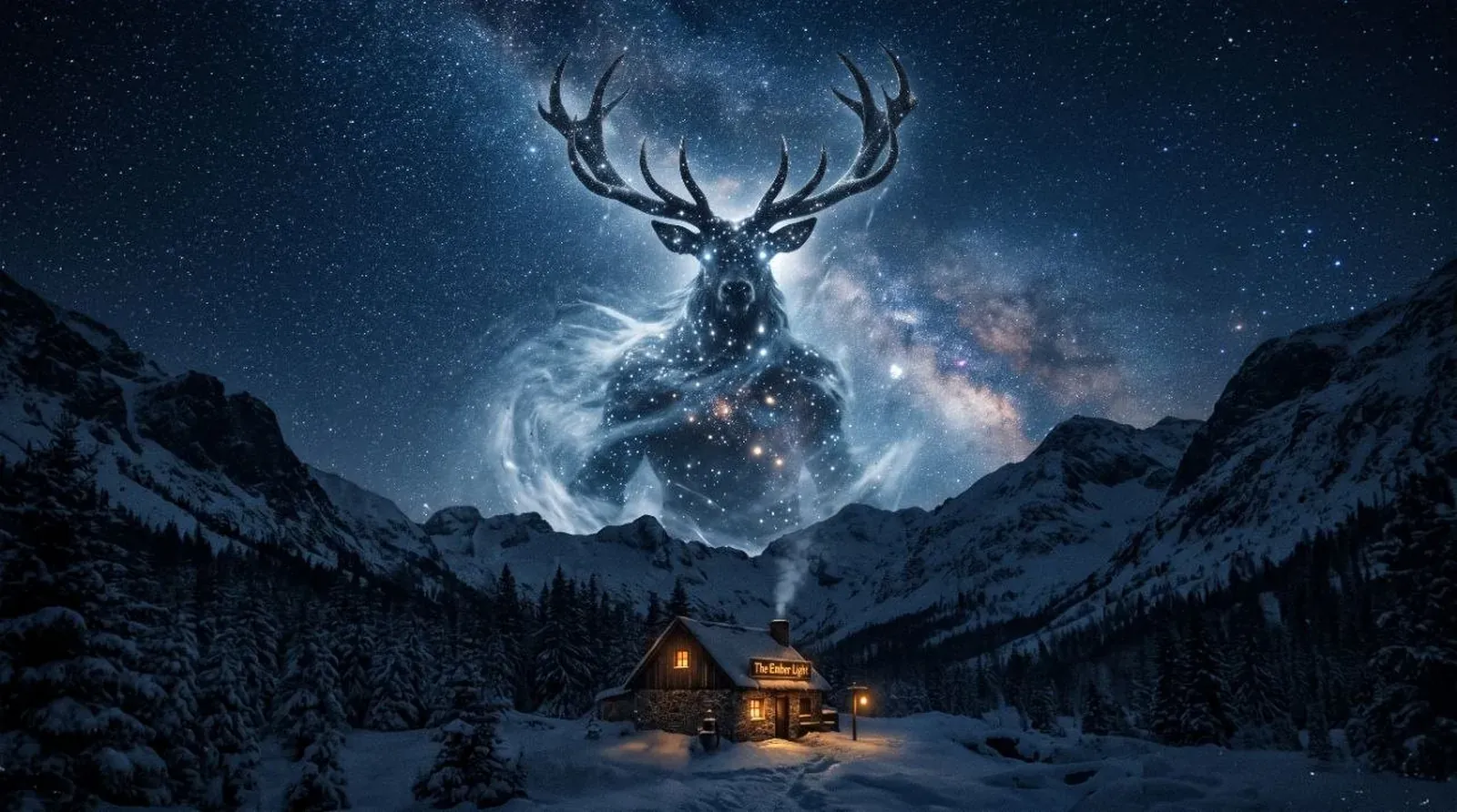 Ein Gott aus Sternen und Geweih über einer einsamen Taverne im Schnee